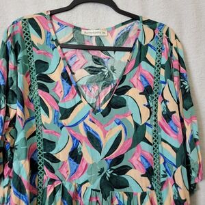 Rusttydustty Shift Dress‎ Womens 2XL Florals Hawaiian V-Neck Boho Tunic Babydoll